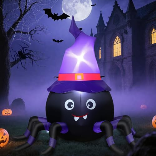 Wothfav 152CM Halloween Aufblasbare Dekoration Niedliche Spinne mit Hexenhut Aufblasbare Gartendekoration Light Up Halloween Deko Outdoor für Halloween-Partys im Freien, Hof, Rasen, Gartendekoration