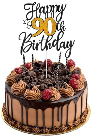 Nogeqi 90th Birthday Cake Topper, Black Gold Glitter Happy 90th Birthday Cake Decorations for 90 Birth Day Anniversary Party Decorations Supplies