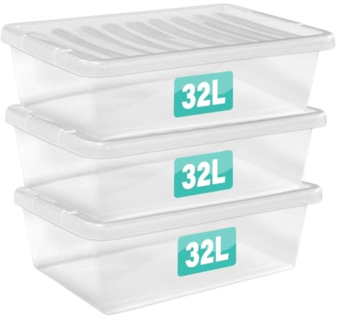 3 x 32 Litre Underbed Clear Plastic Storage Boxes With Lids Set of 3, Transparent Multipurpose Nestable Stackable Plastic Box With Lid Containers For Home, Kitchen, Garage, Office, Accessories