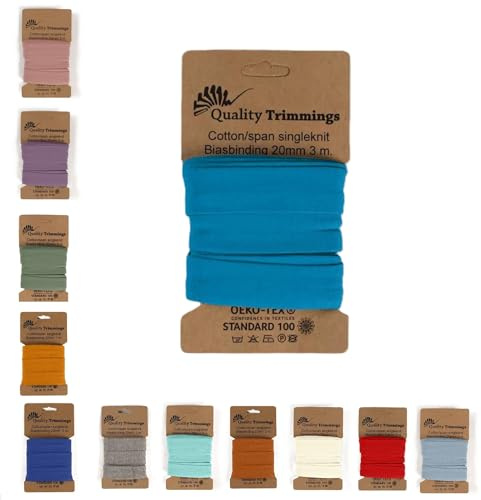 Die Stofftante Jersey Schrägband | vorgefalztes, elastisches Einfassband | aus Baumwoll-Jersey | Coupons á 3 Meter x 20mm (türkis)