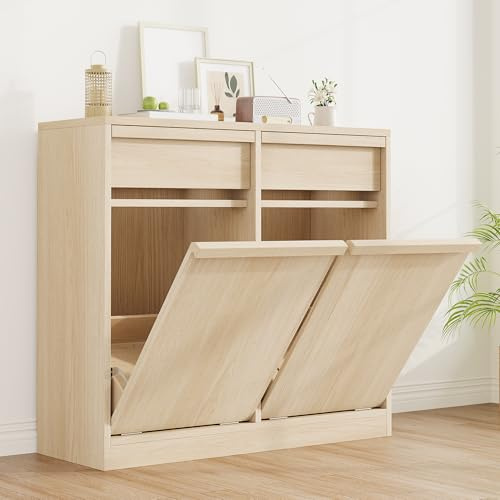 CherishCradle Poubelle Double Compartiment en Bois de 2 x 38 L, avec Tiroir à Rangement, Poubelle Double Bac, Ouverture par Anti-animaux, Style Moderne, Idéal pour Cuisine et Chambre
