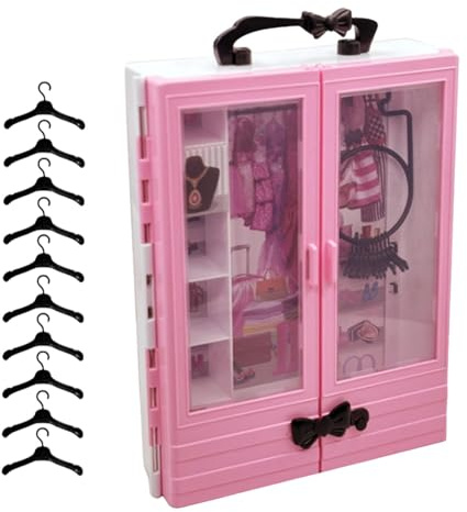 KiBcsLic Kleiderschrank für Puppen, Puppenmöbel, Aufbewahrung für Puppenkleidung mit 10 Kleiderbügeln