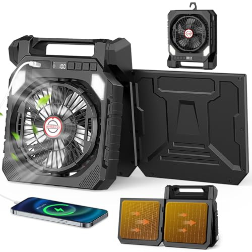 Ventilatore da Campeggio,Ventilatore Portatile con 2 Pannelli Solari,Batteria da 20000 mAh,LED Luce,Torcia elettrica,Scuotendo la testa,Display digitale,Temporizzatore.USB Fan per Viaggi Lavoro