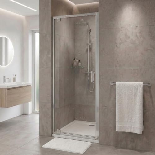 Go Bathrooms Pivot Shower Door 900mm Chrome Safety Glass | Reversible alcove shower screen door with 6mm toughened safety glass and polished chrome wall profile.
