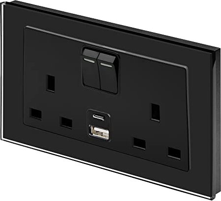 Retrotouch 659 Crystal, 2.1A USB, DP, Double Plug Socket, Switched, Black Glass, 13A, 35.0 mm*151.0 mm*89.0 mm