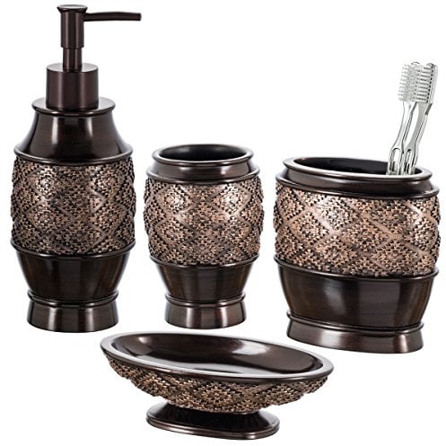Creative Scents Brown Bathroom Accessories Set, 4 Pc Bathroom Decor Sets Accessories, Decorative Bathroom Set has Soap Dispenser, Soap Dish, Tumbler & Toothbrush Holder for Vanity Countertop (Dublin)