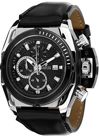 LOUIS XVI Herren-Armbanduhr De Custine l'argent Noir Chronograph Analog Quarz Leder Schwarz 559