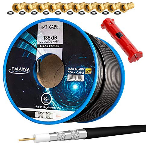 HB-DIGITAL SET 50m Koaxial SAT Kabel 135db Schwarz + 10x F-Stecker vergoldet + 1x Abisolierer | CCS Stahl Kupfer Satellit Antennenkabel 5-Fach geschirmt für DVB-S/S2 -C/C2 -T/T2 DAB+ Radio Anlagen