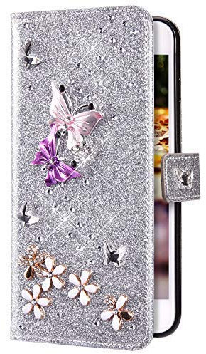 Uposao Kompatibel mit Samsung Galaxy A5 2016 Hülle Schmetterling Blume Diamant Strass Bling Glitzer Handy Hülle Leder Wallet Schutzhülle Brieftasche Hülle Klapphülle Tasche Kartenfächer,Silber