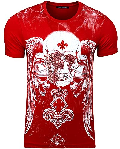 Herren Rundhals T-Shirt mit Motiv Kurzarm Slim Fit Design Fashion Top Print Shirt, Farbe:2308_Rot, Größe:S