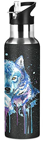 Vnurnrn Art Aquarelle Loup Animal Bouteille d'eau Isotherme avec Paille en Acier Inoxydable Gourde 600ML, Sans Bpa Gourdes Eau pour Enfant Sport Randonnée École Bureau