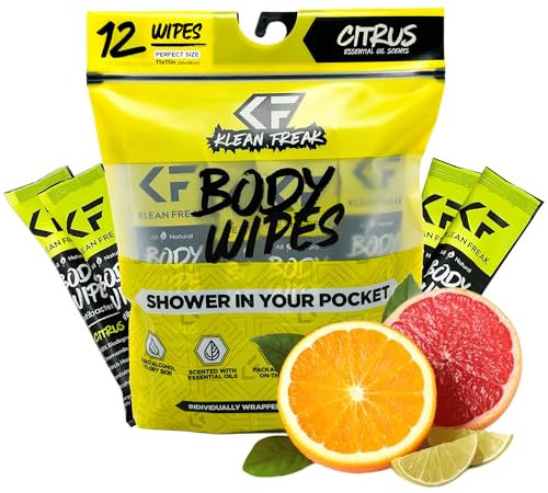 KLEAN FREAK Lingettes de nettoyage du corps - Lingettes jetables naturelles biodégradables - Individuelles pour la salle de sport, l'entraînement, la randonnée, les voyages et le sport, agrumes 12