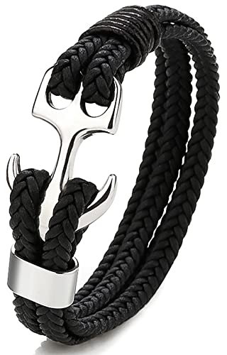 Gleamart Silver Anchor Bracelet for Men Stainless Steel Leather Braided Rope Bangle Bracelet