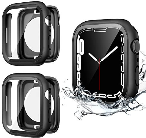 HWeggo [2 in 1 Impermeabile Cover per Apple Watch Serie 9/8/7 45mm Pellicola Protettiva per Schermo Vetro Temperato,360 Custodia anteriore e posteriore Paraurti per iWatch 9/8/7 antigraffio,Nero*2