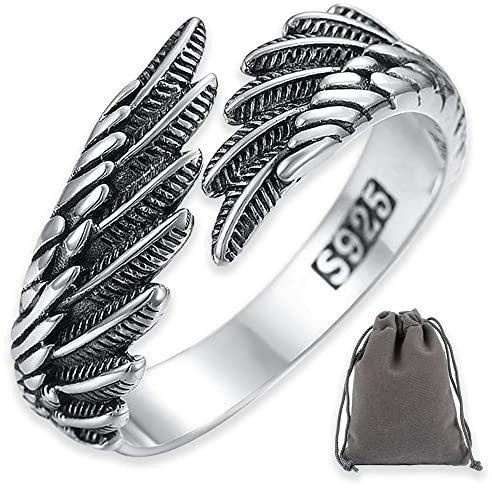 Ringe Frauen Ringe Verstellbar 925 Silber Feder Offene Ring Unisex Vintage Angel Ring Engels Flügel Ring für Damen Frauen Schmuck Geschenk personalisiert Verlobungsringe Eheringe mit Geschenkbox