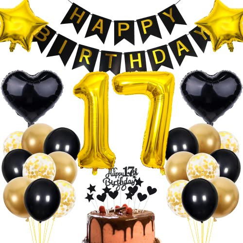 Cnrose 17. Geburtstag Dekoration - Schwarz Gold Party Deko für Junge und Mädchen - Tortendeko Set