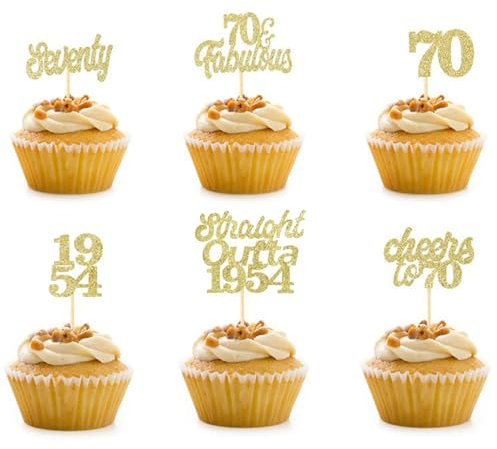 70th Birthday Cake Toppers for Women Men Glitter Gold Cupcake Toppers Cheers to 70 Cake Decorations Food Picks Straight Outta 1954 Cake Toppers 70th Birthday Anniversary Party Supplies (Pack of 12)