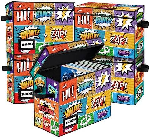 YNSZAS 5 Pack Comic Storage Box, 15.8 X 7.8 X 11.8, Collapsible Short Box, Holds 160-180 Comics (Cartoon Colorful)