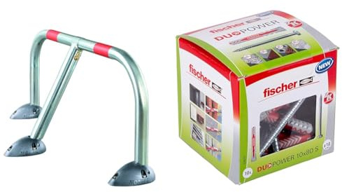 Mottez B302C Barrière de parking rabattable design & fischer - Cheville tous matériaux DuoPower 10 x 80 mm avec tirefonds/Boite à fenêtre de 10