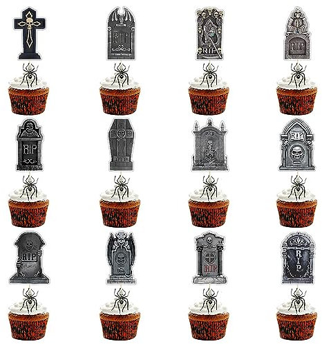 Halloween-Grabstein-Cupcake-Topper, schreckliche Grabsteine, Friedhofskuchenspieße, gruselige Cupcake-Dekoration für Halloween-Motto-Party-Zubehör, 24 Stück