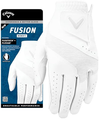 Callaway Golf Fusion Handschuh für Damen, Größe M, Weiß/Silber, auf der linken Hand getragen