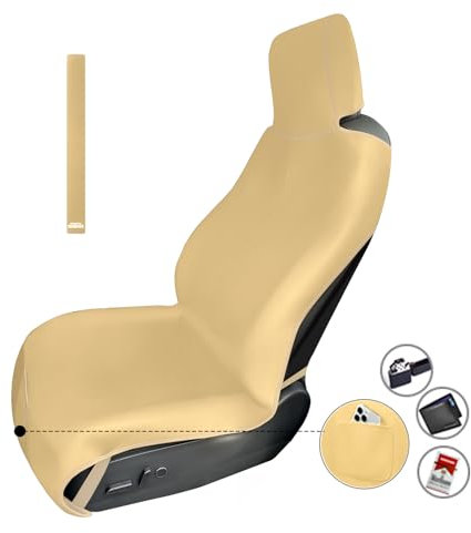 1Pc Verbesserte Verbreiterte Neopren Schonbezug Autositz Vorne, Wasserdicht Sitzauflage Handtuch Universal mit 3 Schnallengurten und Kleine Fronttasche für Hunde Kinder Autos Van LKW SUV (Beige)