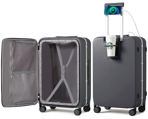 mixi Gepäck PC Hardside Rollkoffer mit Spinnrad TSA-Schloss mit Getränkehalter, Felsengrau, 24-inch, Modisch und multifunktional
