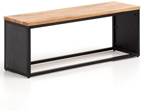FineBuy Sitzbank Akazie Massivholz/Steinoptik 120x45x35 cm Flurbank mit Metallgestell, Design Bettbank Schlafzimmer, Kleine Garderobenbank Esszimmerbank