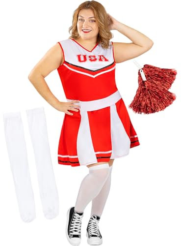 Funidelia | Cheerleader Kostüm mit Pompom und Socken für Damen Cheerleader, American Football, Gymnasium, Berufe - Kostüm für Erwachsene & Verkleidung für Partys, Karneval & Halloween - Größe 4XL