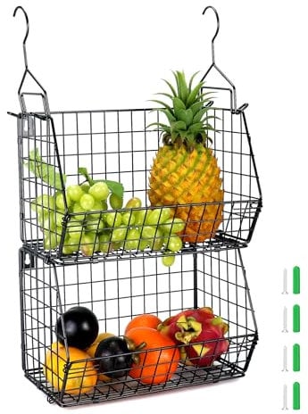 QWORK® 2 Tier Shelf Hanging Storage Basket, Metal Hanging Storage Organizer, Foldable Stackable Storage Shelves, For Kitchen, Wardrobe, And Home Organization