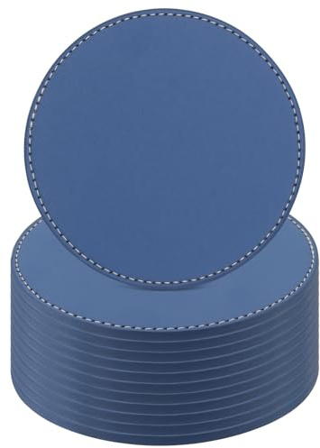 YUENPUN Lot de 12 dessous de verre ronds en cuir synthétique bleu foncé avec couture pour tasses, tables, décoration d'intérieur, 10,2 cm