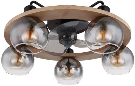 Deckenventilator mit Fernbedienung Deckenleuchte Holz Ventilator Ventilatorlampe Retro Rauchglas, Metall Glas, 5x E27, DxH 55x21,5 cm