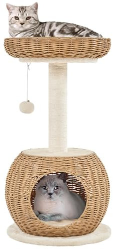 Yaheetech 75cm Rattan Cat Tree Tower with Luxury Weaving Condo, Large Top Perch with Replaceable Cushion, Scratching Post for Indoor Kitten, Beige