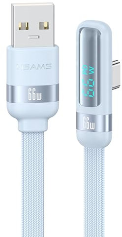 P4Y Cable USB-C/Type-C de carga rápida y transferencia de datos 66 W 6 A 480 Mbps con pantalla digital y conector en L de 90 grados, serie Lift, longitud 1,2 m azul US-SJ651