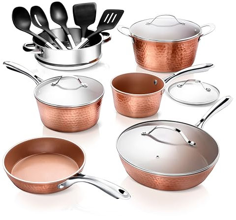 Gotham Steel Set di pentole in ceramica martellata, 15 pezzi, antiaderenti, in rame profondo, antiaderenti, con pentole a induzione, utensili da cucina e vapore, non tossici senza PFOA PFOS, lavabili