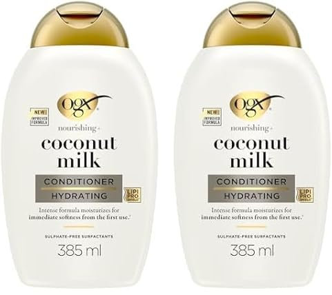 OGX Coconut Milk Conditioner, feuchtigkeitsspendende Haarspülung mit Rizinusöl & Kokosöl, Haarpflege für geschmeidiges & glänzendes Haar mit LipiPro Shield Technologie (385 ml) (Packung mit 2)