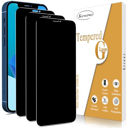 Kesuwe [3 Piezas Protector Pantalla de Privacidad para iPhone 12/12 Pro, Anti Espía, Dureza 9H Cristal Templado, Antiarañazos, Antihuellas, Sin Burbujas