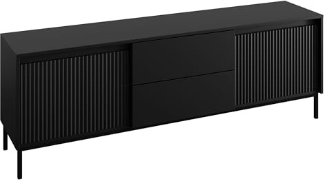 Mirjan24 TV-Lowboard Ozmi 2K2SZ mit 2 Türen und 2 Schubladen (Schwarz) | Fernsehtisch mit geriffelten Fronten, Push-to-Open-System und Metallgestell für Mediengeräte und Wohnaccessoires