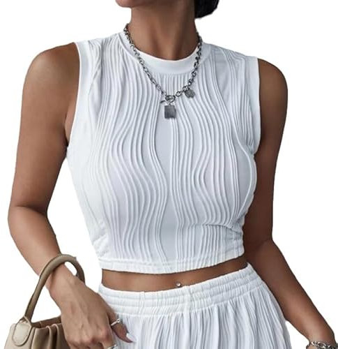 Haibang Camiseta sin Mangas Mujer Verano Sexy Crop Top Ajustado Cuell Redondo y Textura Tank Tops Elegantes Camisetas Tirantes Básica Chalecos Top Lencero Moda Casual Streetwear