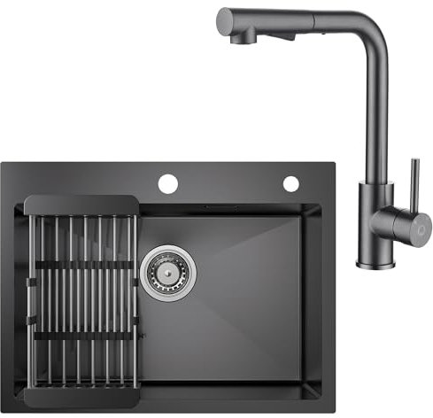 CECIPA Spülbecken Schwarz Anthrazit 60 * 45CM + Küchenarmatur Ausziehbar Gebürsteter Anthrazitton, Spüle Küche mit Abtropfgestell und Siphon, Küchenspüle 1 Becken Eckig, Einbauspüle mit 2 HahnLöcher