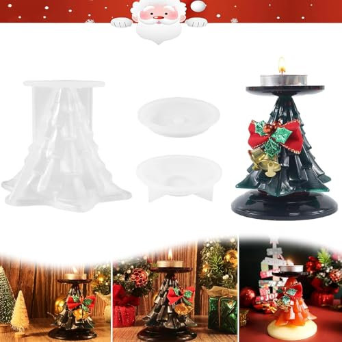 Molde De Resina De Candelabro De Árbol De Navidad Molde De Candelabro Juego De 3Piezas Molde De Silicona Epoxi Uv Molde De Silicona De Vela De Árbol De Navidad Con Base(Candelabro de árbol de Navidad)