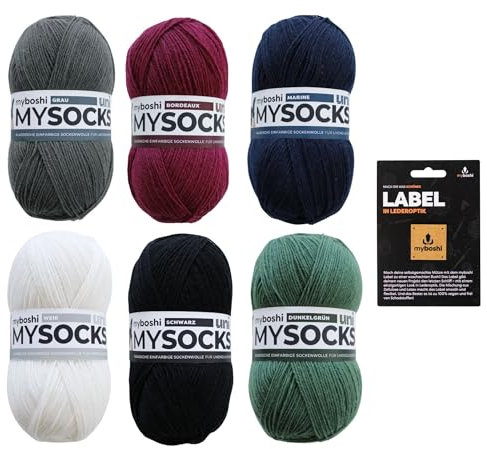 myboshi Unisocks Wollpaket, mysocks Uni Sockenwolle in 6 Farben, Label, 6 Knäuel x 100g, Lauflänge 420m, zum Stricken, Häkeln, Unifarben 6 Knäuel