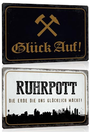 2er Set Ruhrpott Blechschilder 20x30cm - Retro Metallschilder mit Sprüchen Lustig - Glück auf - Die Erde die uns glücklich macht - Witzige Humor Deko Schild Geschenk für Ruhrgebietsbewohner