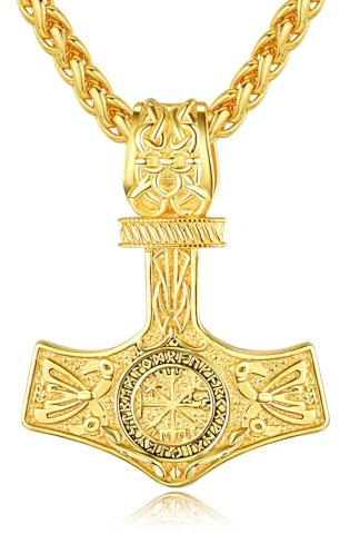 KATHLU 14K Gold Viking Thor Hammer Necklace Runes Valknut for Men Women Pagan Mythology Mjolnir Celtic Knot Protection Pendant Jewelry