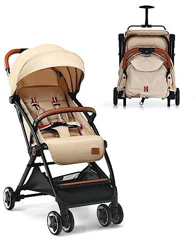 DREAMADE Kinderbuggy Klappbar mit Liegefunktion, Faltbar Buggy mit 5-Punkt-Sicherheitsgurt & Aufbewahrungskorb & Bremse, Kinderwagen für Baby 0-3 Jahren (Beige)