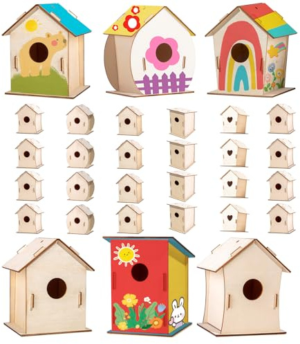 24 Sets DIY Wood Birdhouse Bulk for Kids Parties and Classrooms, Art Painting Bird House Craft Kit Unfinished Wood Bird Houses to Paint for Kids 3+ Spring Summer Arts and Craft Projects