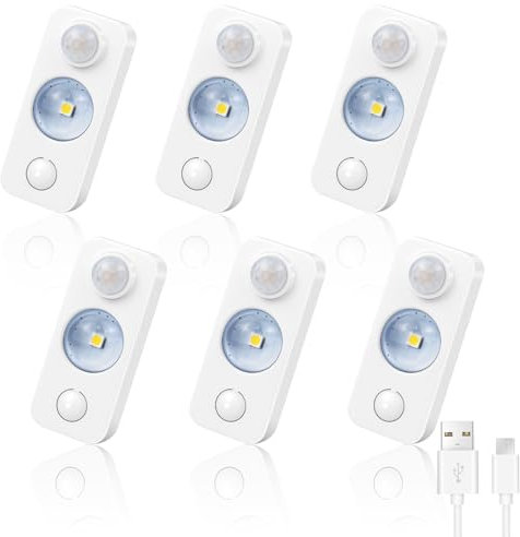 LED Motion Sensor Lights Indoor, Rechargeable Dimmable Cupboard Lights 3 Modes, Stick on Wireless USB Night Lights for Cabinet, Closet, Hallway, Shelf, Stair, Daylight White 6 Pack