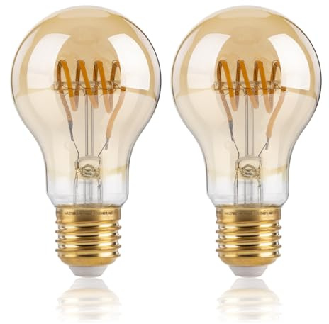 FLSNT Dimmbar E27 LED Warmweiss, A60 LED Spiral Filament Edison Glühbirne Vintage, 4W(Ersetzt 25W), 300LM Deko Glühbirne, 2700K Warmweiß, Bernsteinfarbenes Glas, 2 Stück