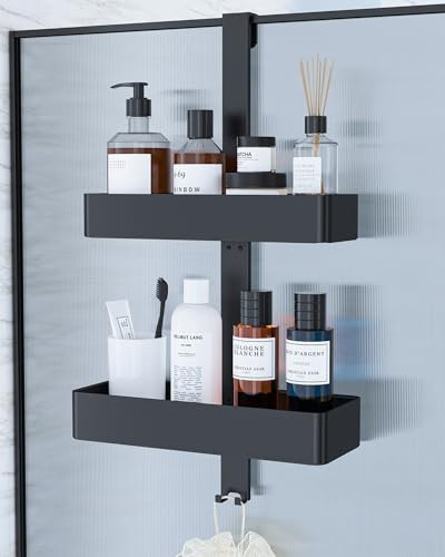 Kitsure Porta Sapone per Doccia - Porta Shampoo Doccia da Appendere Senza Foratura, Mensole Bagno a 2 Livelli, Struttura Antiruggine per Bagnoschiuma, Asciugamano, 29,1 x 11,2 x 5,1 cm, Nero