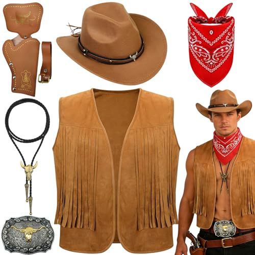 Saier tbo 7 Stück Cowboy Fancy Dress Zubehör Set für Herren, Western Cowboy Kostüm mit Hut Quastenweste Paisley Bandana Western Boloschnalle Gürtel Holster für Karneval Fancing Cosplay